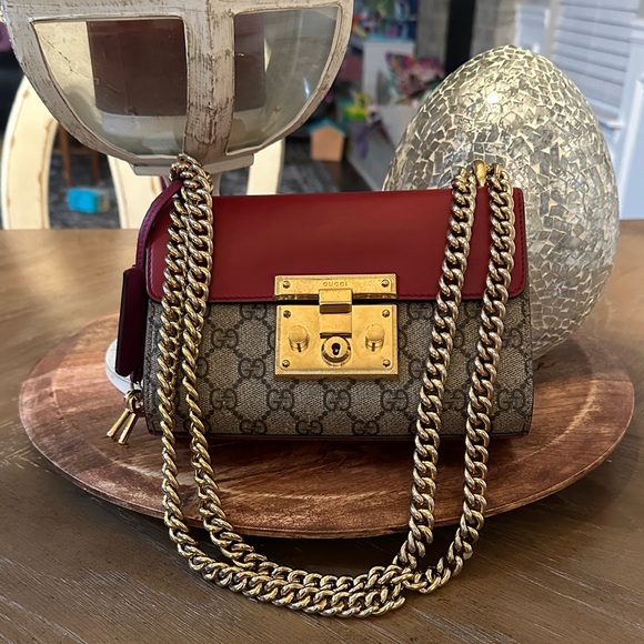 Gucci red and Brown padlock crossbody with Gold Chain - Picture 1 of 16